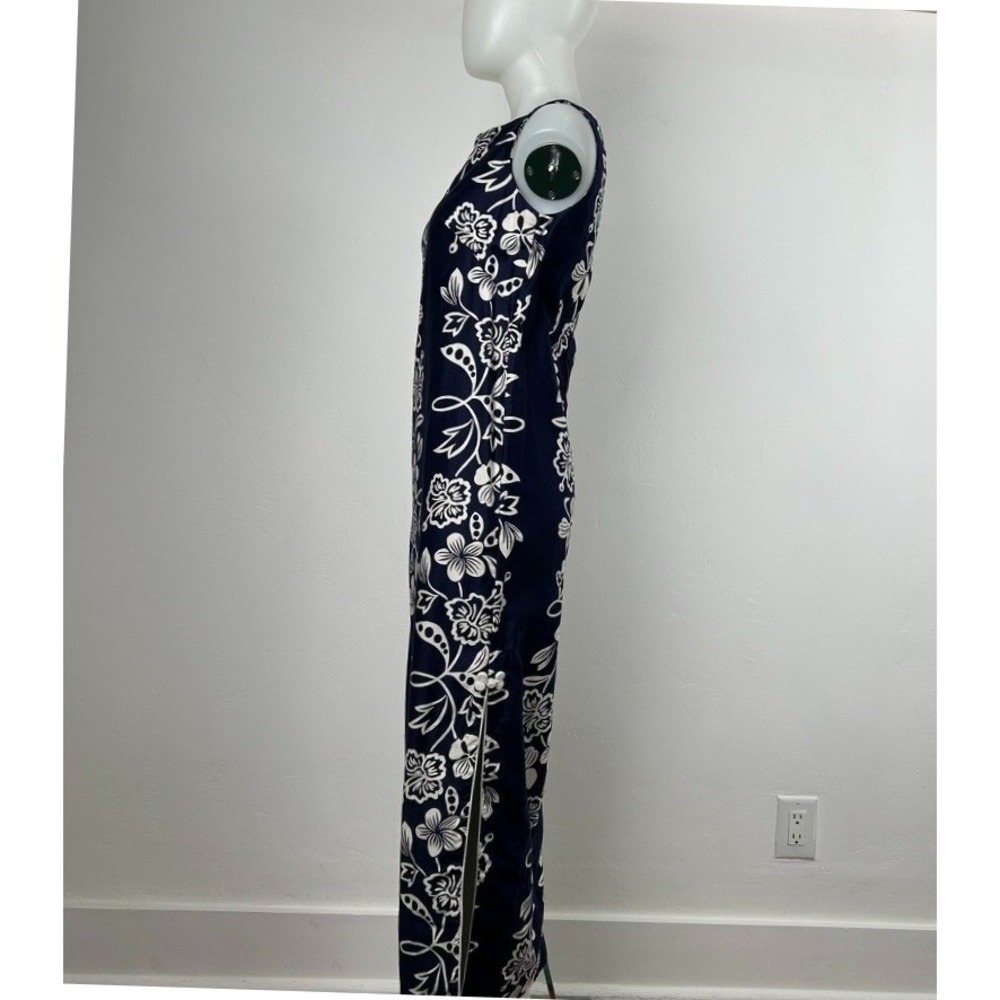VTG 60Ss 70s Hawaiian Maxi Dress Floral White Navy Blue Side Slits Cotton SZ S - Picture 10 of 16